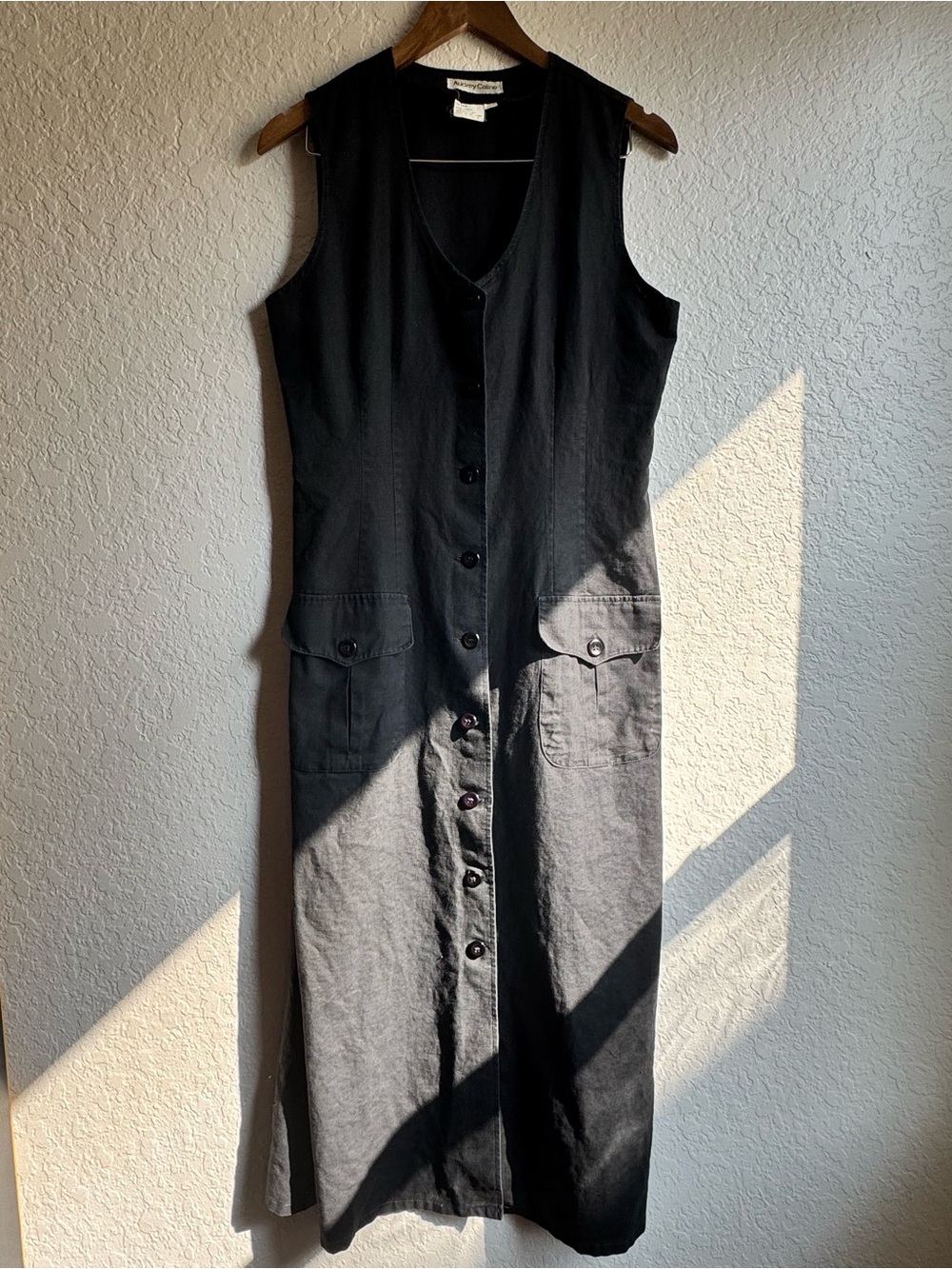 VNTG 90s Audrey Celine Linen Cotton Maxi Dress Black button Front VNTG sz 14